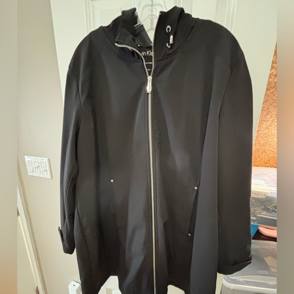 Calvin Klein Women’s 3/4 Length Black Raincoat with Hood